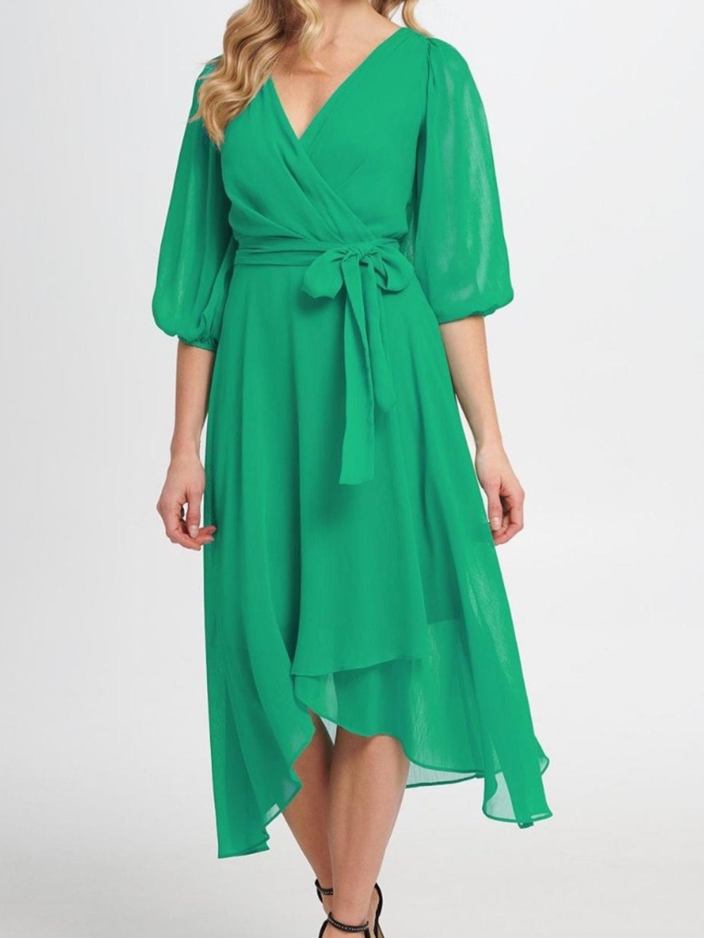 DKNY Women's Green Pleated Wrap Chiffon Midi Dress with Balloon Sleeves Size: 14